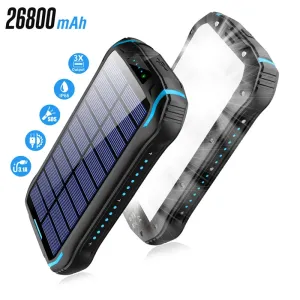 26800mAh Solar Power Bank  Waterproof Portable Charger with LED Light, 3.1A Fast Charging, USB & Type-C Inputs for Outdoor Adventures
