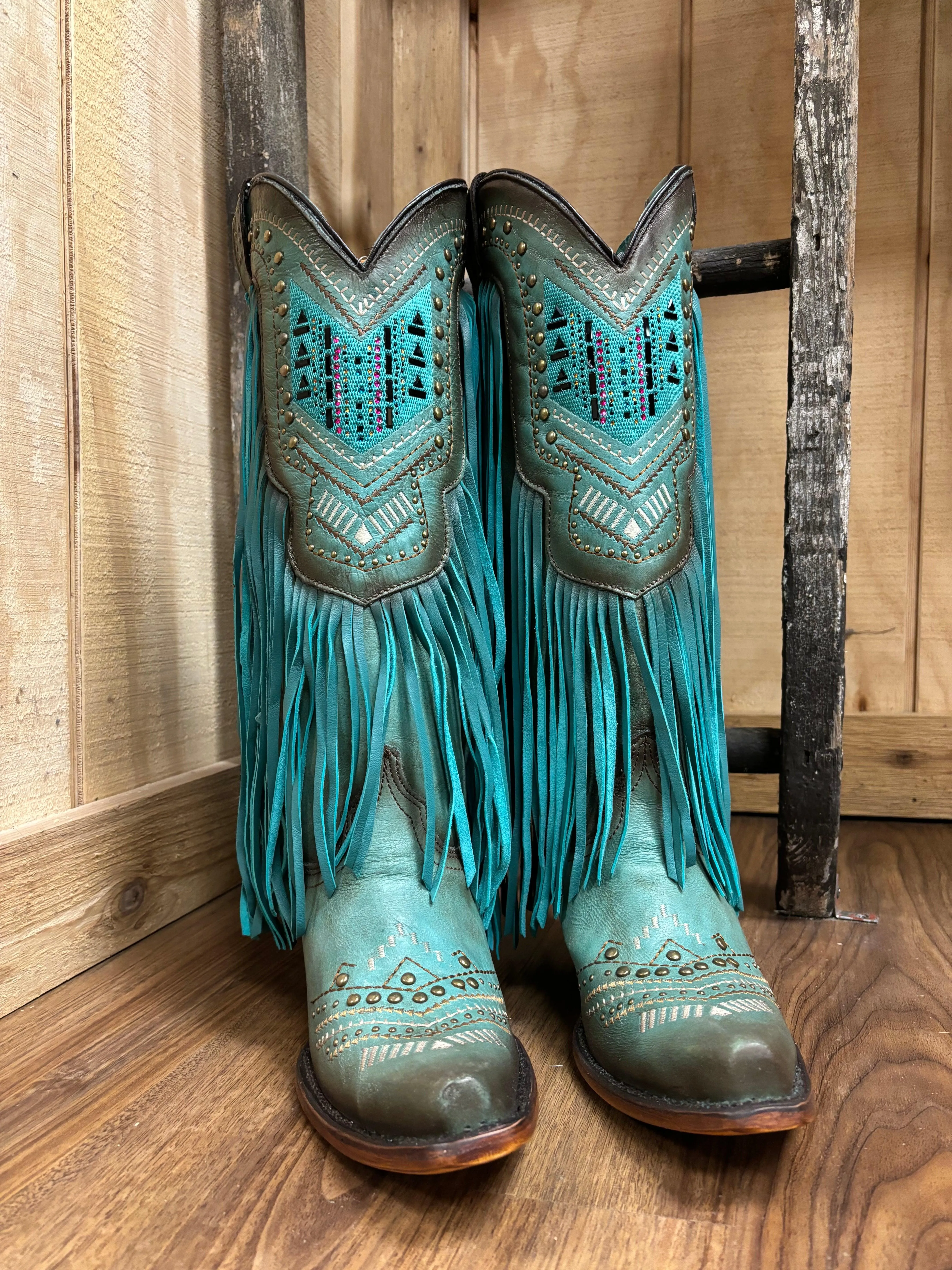 Corral Women's Turquoise Crystals & Studs Fringe Snip Toe Cowgirl Boots C4077