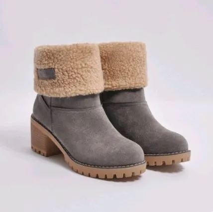 Mid-Tube Suede Snow Boots – Thick Heel for Winter Comfort