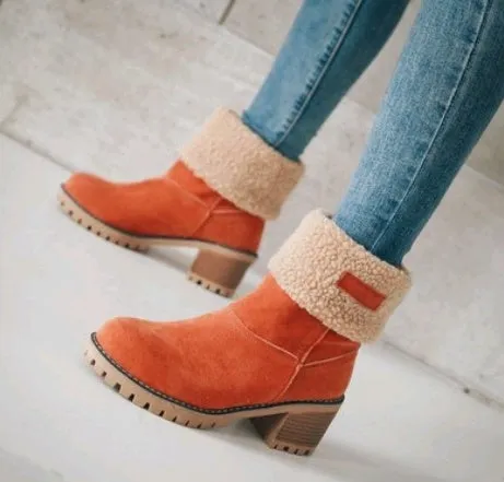 Mid-Tube Suede Snow Boots – Thick Heel for Winter Comfort