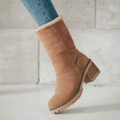 Mid-Tube Suede Snow Boots – Thick Heel for Winter Comfort