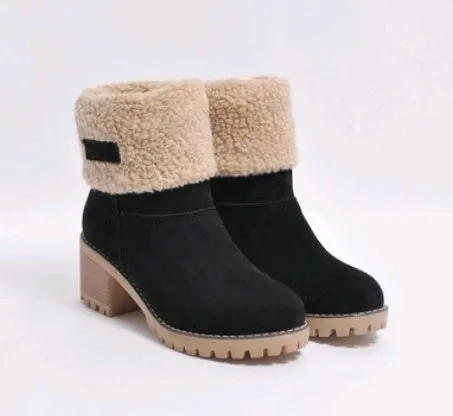 Mid-Tube Suede Snow Boots – Thick Heel for Winter Comfort