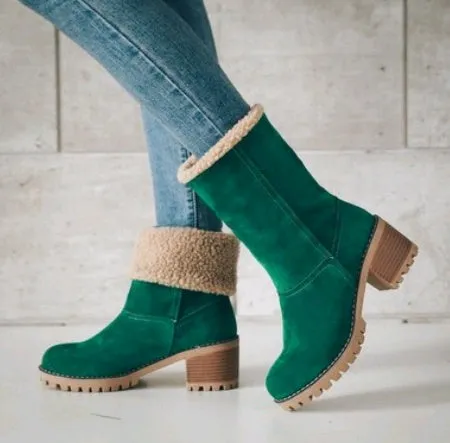Mid-Tube Suede Snow Boots – Thick Heel for Winter Comfort