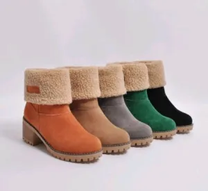 Mid-Tube Suede Snow Boots – Thick Heel for Winter Comfort