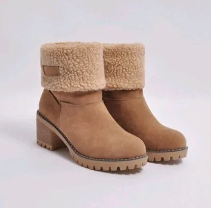 Mid-Tube Suede Snow Boots – Thick Heel for Winter Comfort
