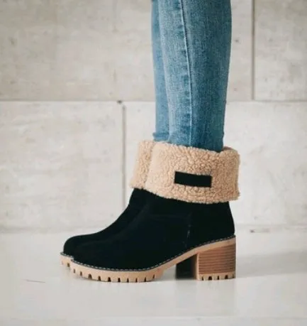 Mid-Tube Suede Snow Boots – Thick Heel for Winter Comfort