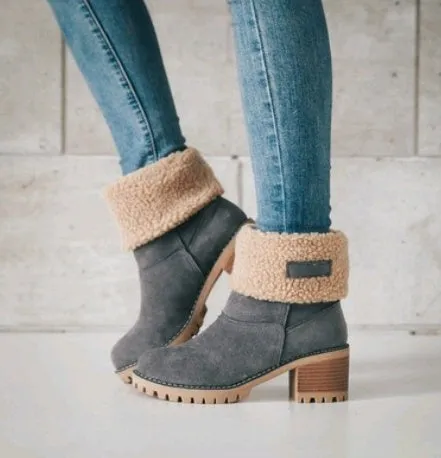 Mid-Tube Suede Snow Boots – Thick Heel for Winter Comfort