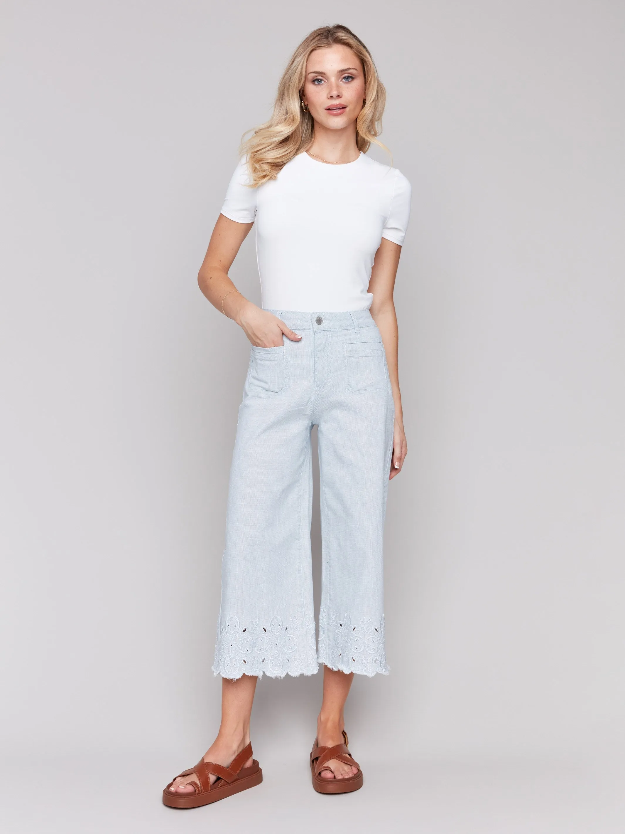 Wide-Leg Cropped Jeans with Scallop Embroidered Hem - Stripes