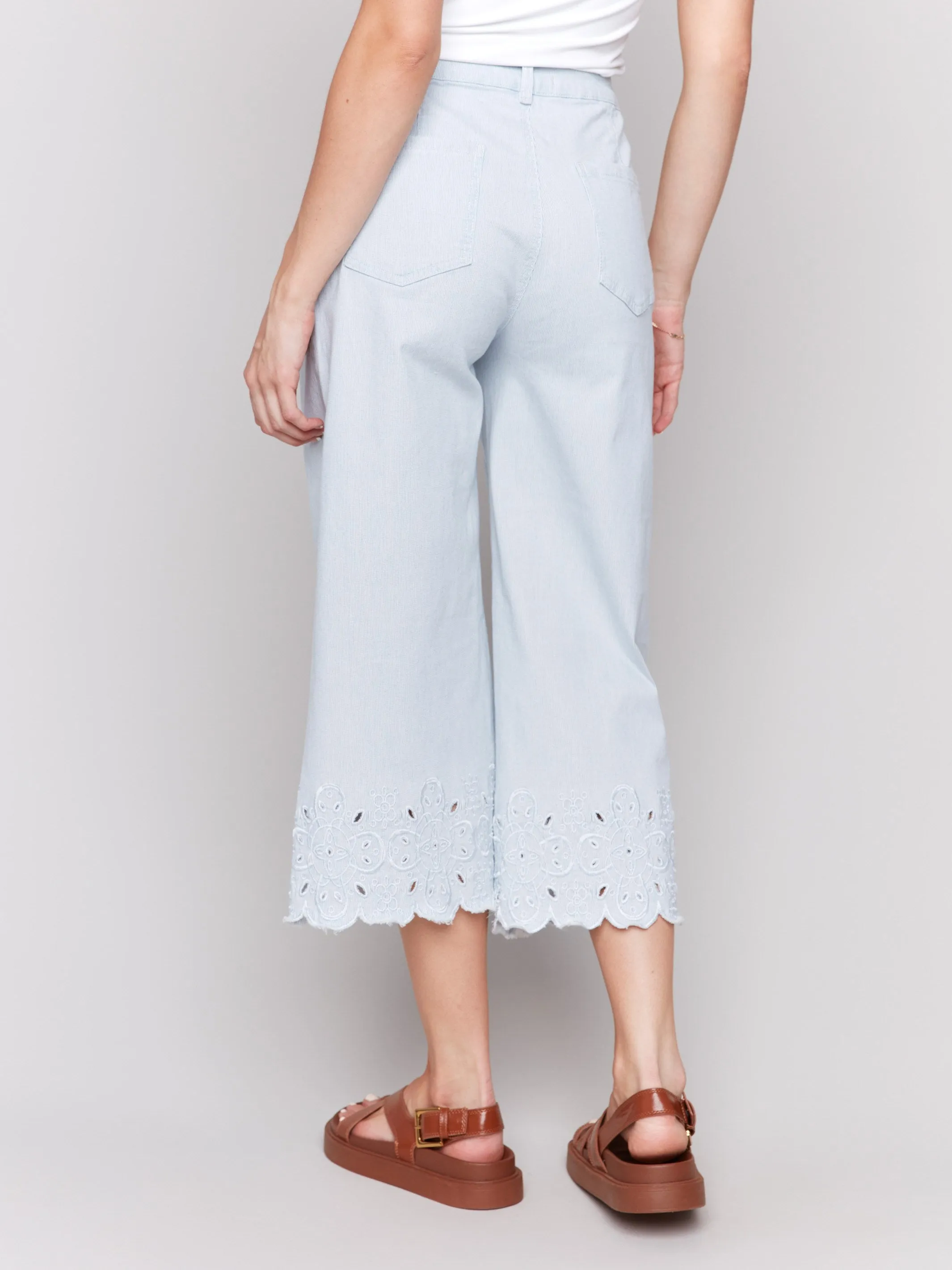 Wide-Leg Cropped Jeans with Scallop Embroidered Hem - Stripes