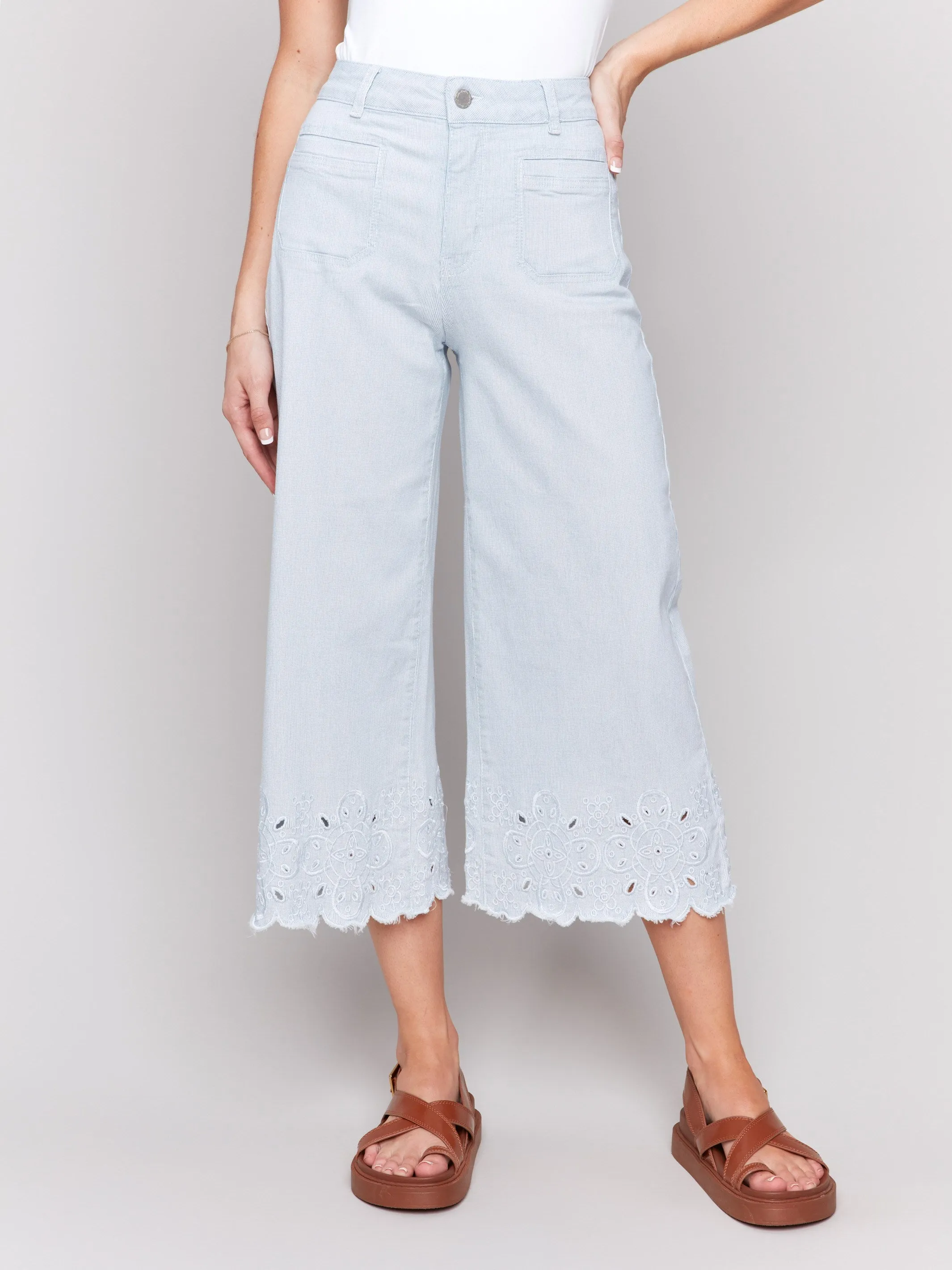 Wide-Leg Cropped Jeans with Scallop Embroidered Hem - Stripes